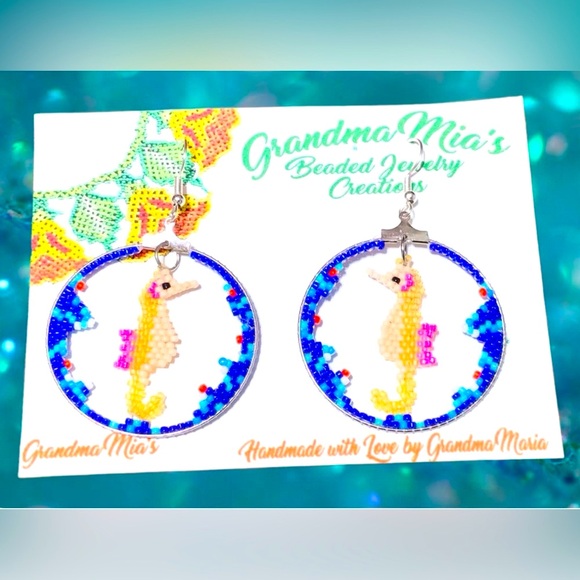 Ocean Elegance: Handcrafted Coral Reef Seahorse Beaded Hoop Earrings - Picture 2 of 6